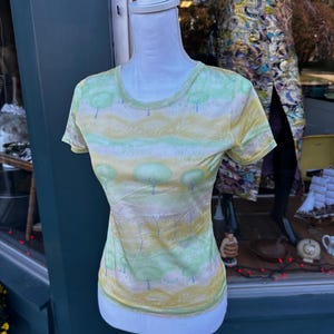 Vintage 60er/70er Gelb & Grün Psychedelic Flower Power Baum Print Strick T Shirt