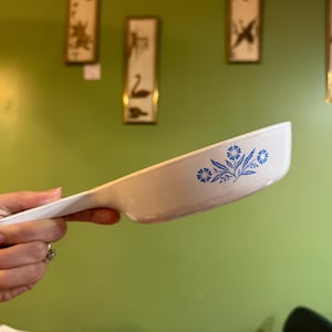 May include: White, vintage casserole dish with a blue floral pattern. The dish has a handle and is held at an angle, showcasing the design. The background is a green wall with framed art.
