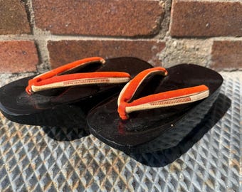 Vintage 40's/50's Wooden Traditional Japanese Geta Lacquer Maiko Geisha Shoes Red and Black Hand Decorated Lacquered Wood