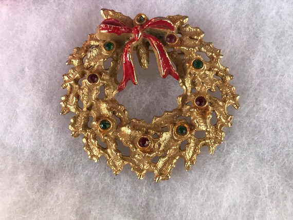 Vintage Golden Christmas Wreath Brooch - image 2