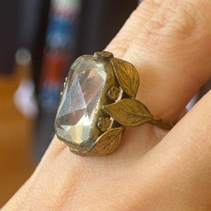 May include: A ring featuring a large, rectangular, faceted clear stone set in a dark, metallic band. The setting is decorated with small, sculpted metal leaves and tiny flower accents that wrap around the sides of the central stone.