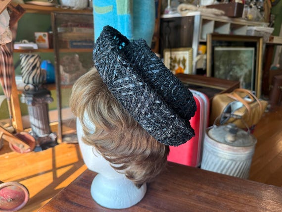 Vintage 60’s Straw Black Pillbox Hat Fascinator