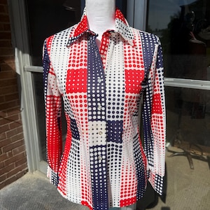 Vintage 70&#39;s Red White & Blue Polka Dot Pointed Collar Polyester Knit Shirt