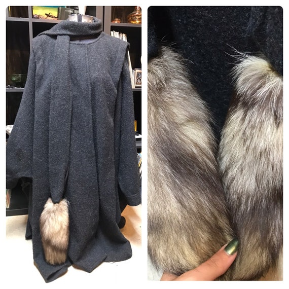 70's/80's Wool Poncho Coat With Real Fur Trim!