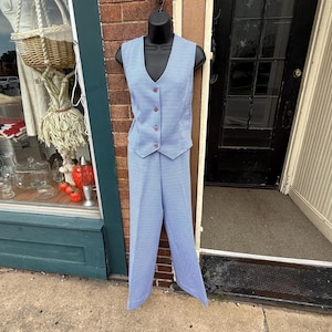Vintage 70&#39;s Plaid 2 Piece Vest Pants Suit Bell Bottom Set