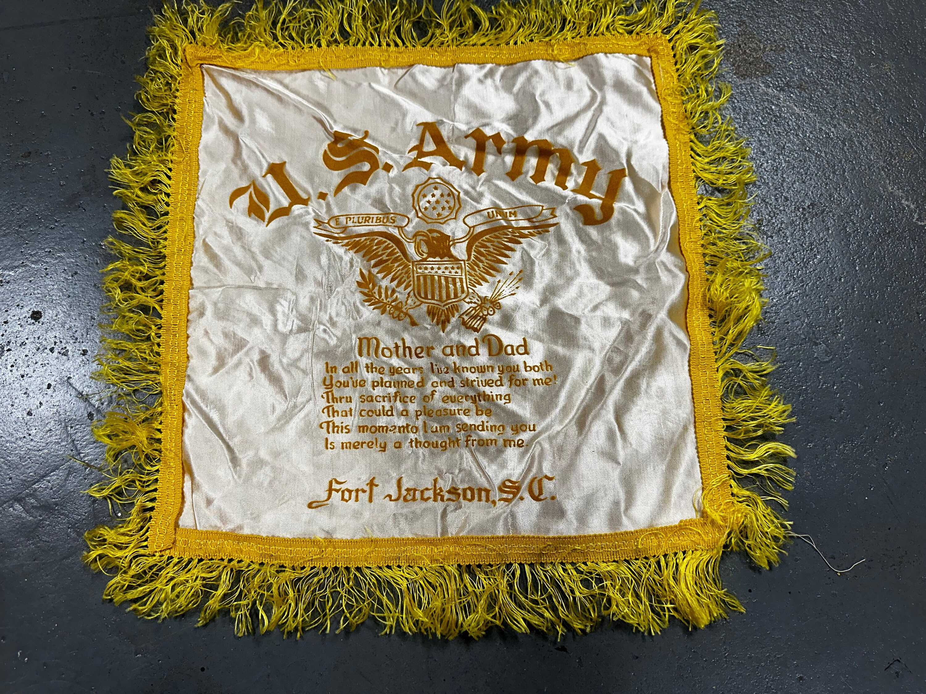 Vintage 40's Satin WWII Army Mother & Dad Square Pillow Case
