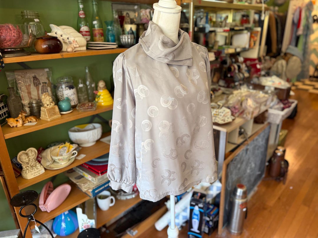 Sliver R Vintage 70's/80's Grey Sliver Asymmetrical Collar Blouse - Etsy