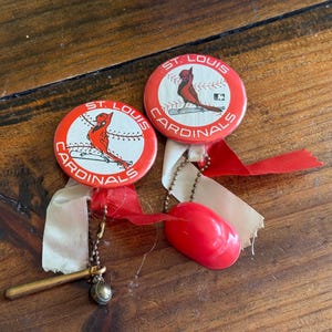 Lot of 2 Vintage 1960&#39;s St. Louis Cardinals Button Pins With Helmet, Ball, & Glove Charms