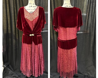 Antique Late 20's/30's Maroon Velvet & Lace Flapper Plus Size Dress