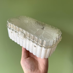 Vintage 50&#39;s Mid Century Floral Hinged Lidded Clear & White Acrylic Plastic Box Vanity Jewelry Box Trinket Box
