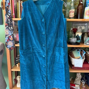 Vestido jersey vintage de pana azul hecho a mano de los años 60, talla mediana/grande.