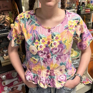 80s/90&#39;s Crop Top Floral Button Up Blouse