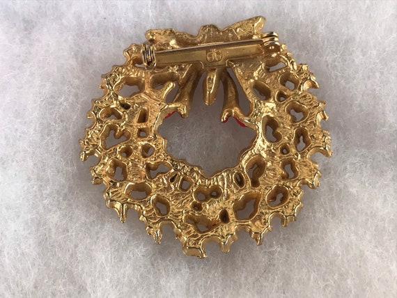 Vintage Golden Christmas Wreath Brooch - image 3