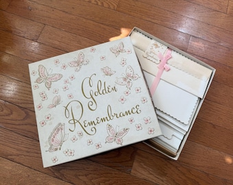 Box of Vintage Mid Century 1950’s Pink & Gold Butterfly Stationary and Envelopes “Golden Rememberance”