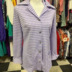 Vintage 70&#39;s Purple Gingham Western Country Plaid Knit Polyester Blouse