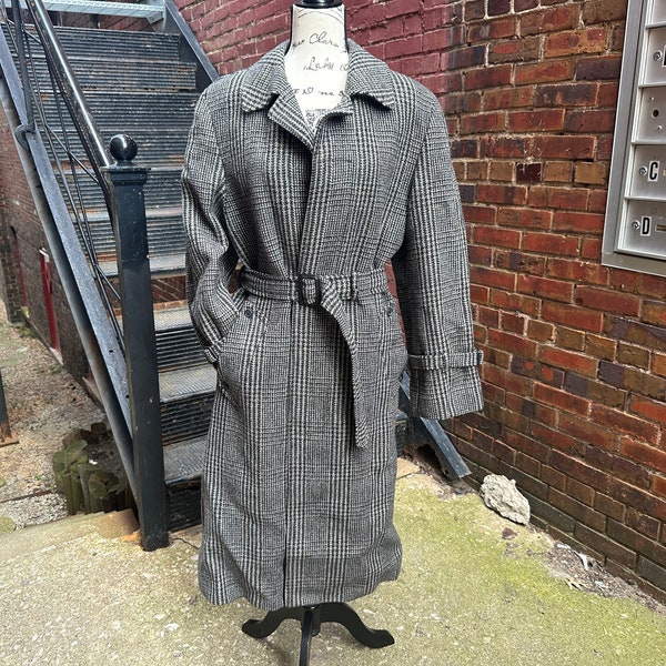 Vintage 70's Lakeland Gray & Green Plaid Wool Trench Coat