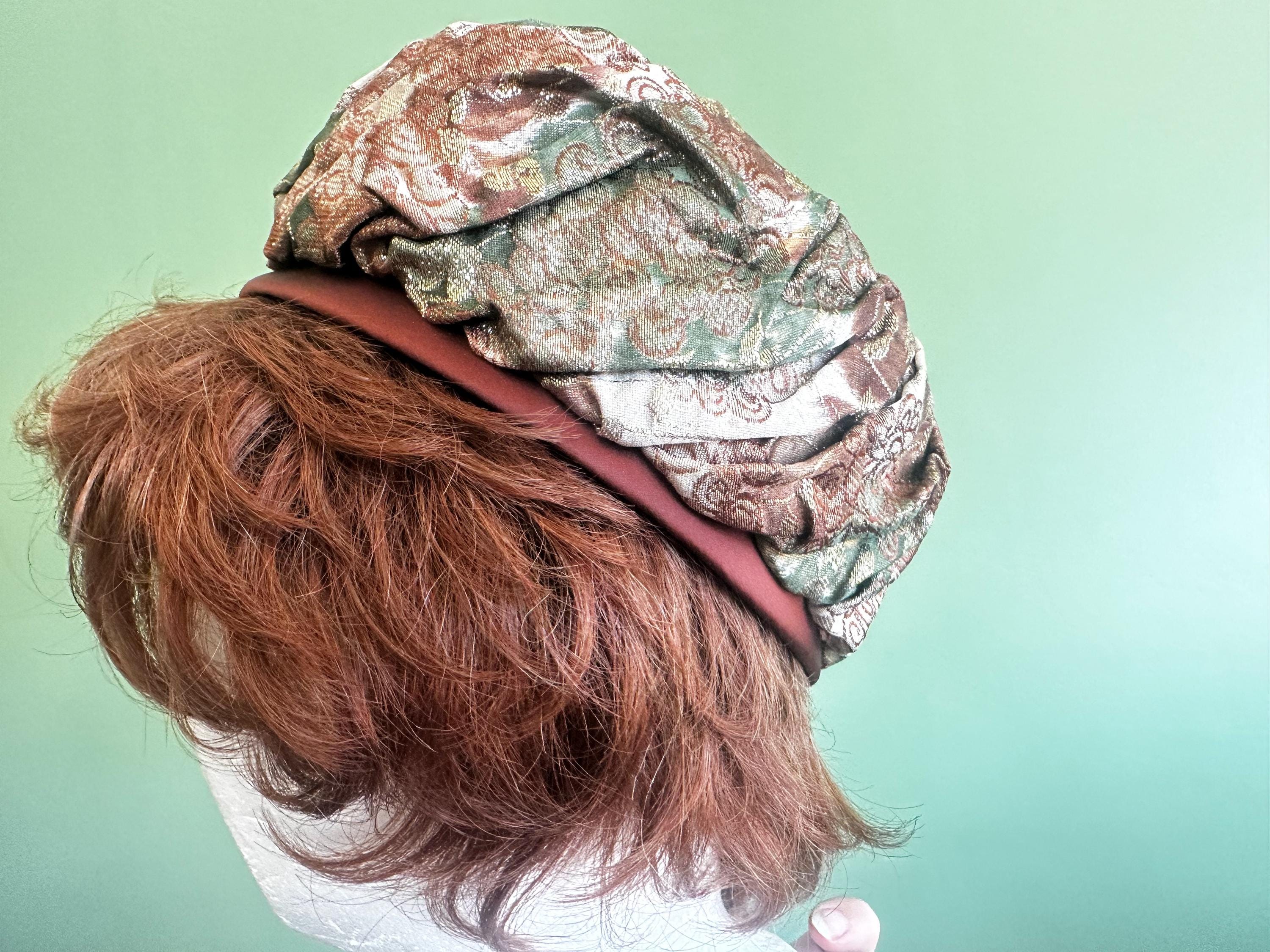 Vintage 1960s Metallic Silk Brocade Turban Psychedelic Floral Draped Pillbox Hat Vintage 1960s Metallic Brocade Pillbox Hat With Satin Bow - Etsy main image 3