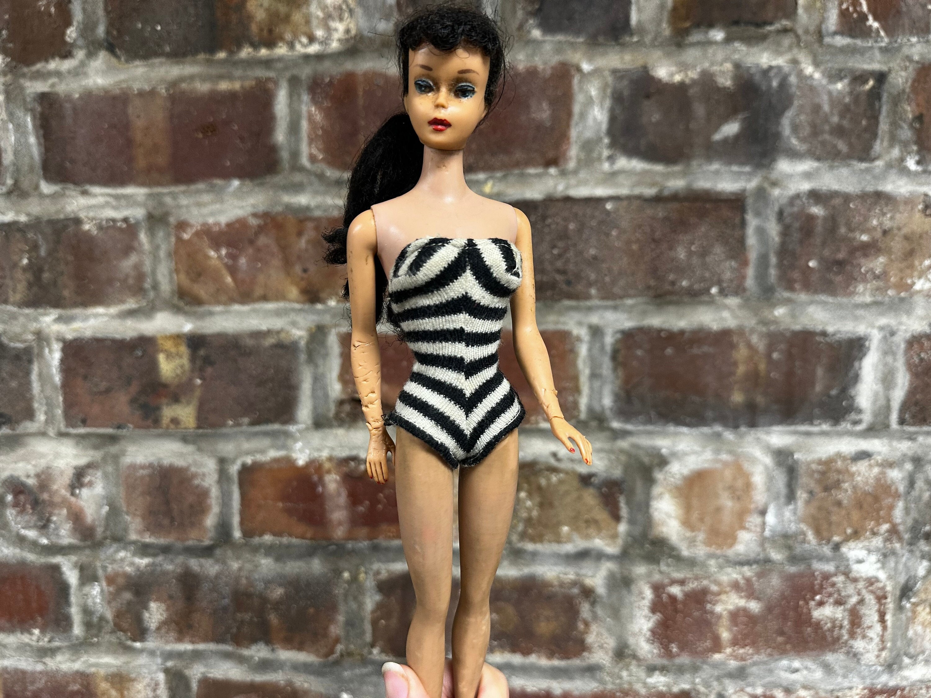 Vintage Original Barbie 50 s Early 60 s Black White Striped Swim Suit