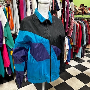 Vintage 90’s Black Teal and Purple Color Block Wind Breaker Jacket Coat