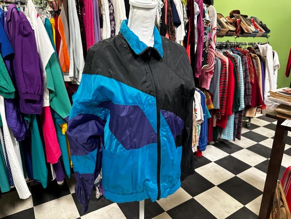 Vintage 90's Black Teal and Purple Color Block Wind Breaker Jacket