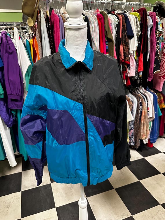 Vintage 90's Black Teal and Purple Color Block Wind Breaker Jacket