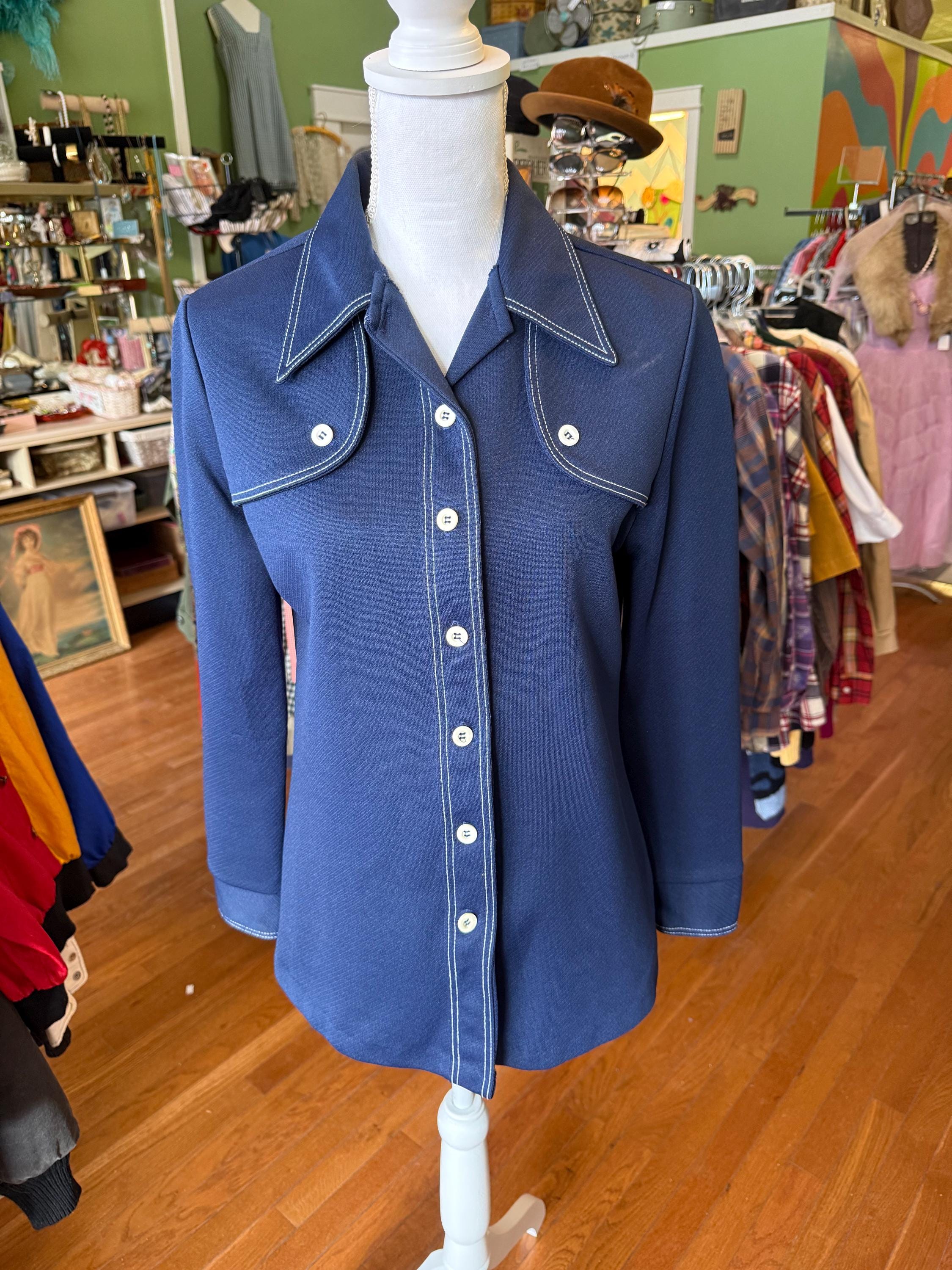 Vintage 70's Navy Blue White Top Stitch Funky Disco Pointed