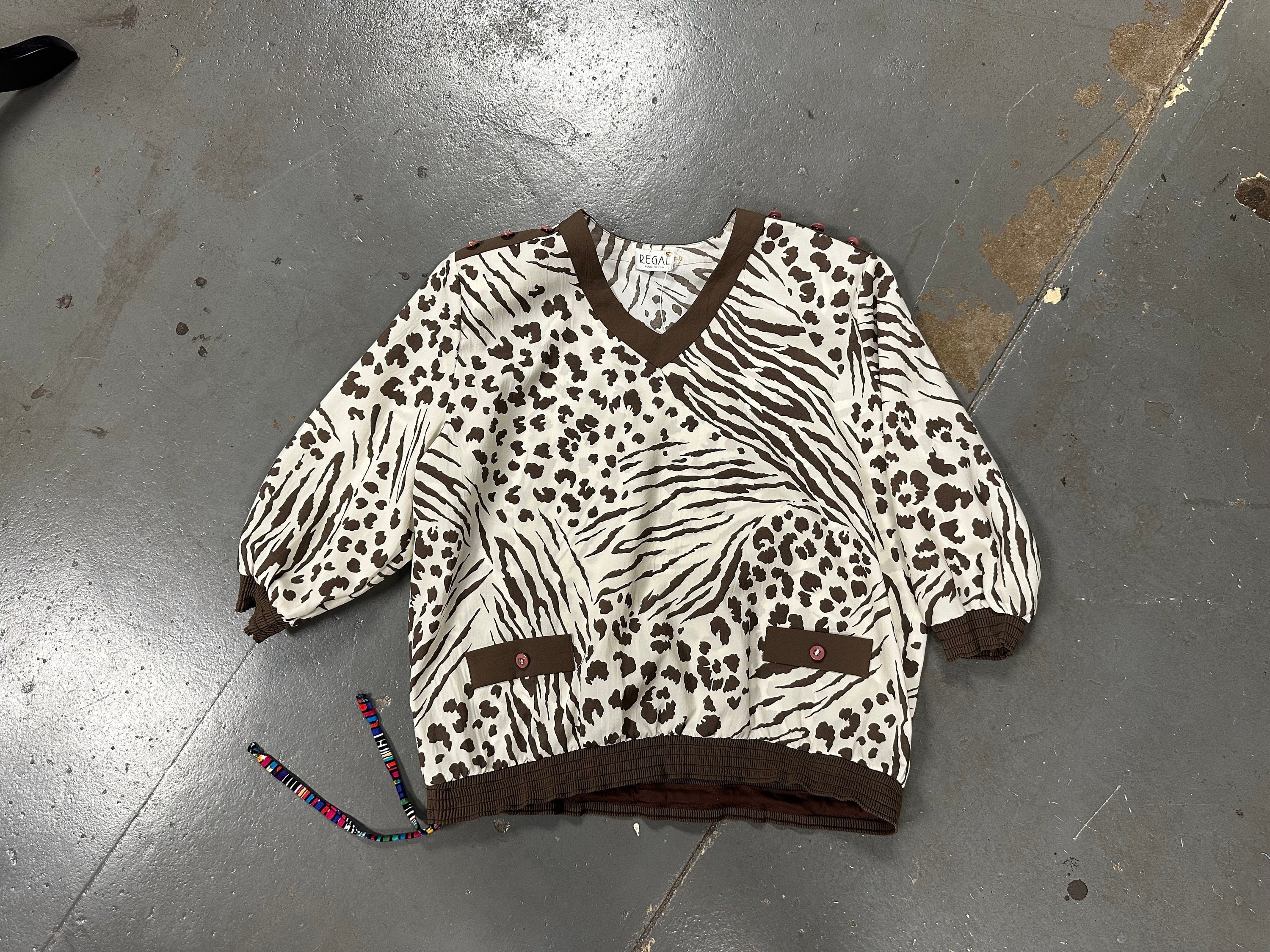 Vintage 80's Brown Animal Print Wind Breaker Track Suit Top