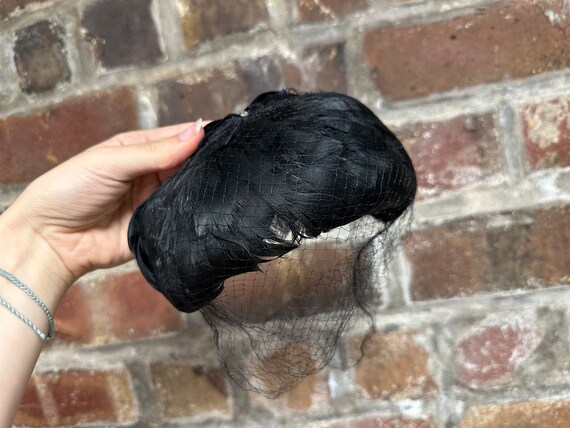 Feathered 50's Black Veiled Birdcage Fascinator H… - image 3