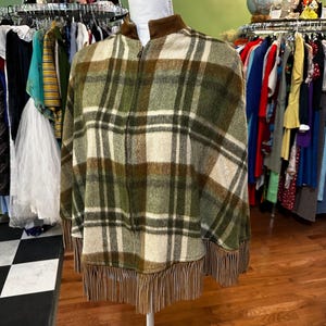 Vintage Western 60&#39;s Wool & Leather Fringe Plaid Poncho