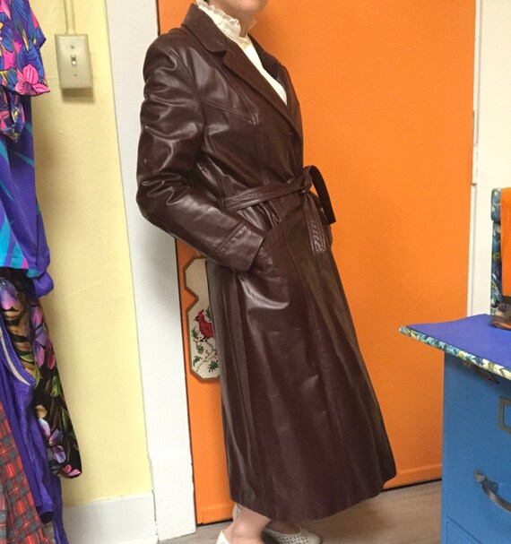 70's Leather Maroon Chestnut Trench Coat