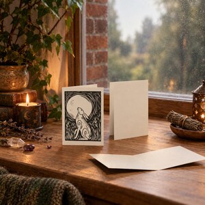 Moon Gazing Hare Greeting Cards, Pack of 10 Linocut Style Cards, Folk Art Hare and Full Moon, Black and White Pagan Blank Cards