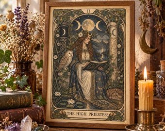 Pode incluir: Uma impressão de arte emoldurada intitulada The High Priestess apresentando uma figura central lendo um livro, ladeada por uma coruja e pilares, com fases da lua acima. A ilustração usa tons suaves de verde, azul e dourado em um estilo detalhado.