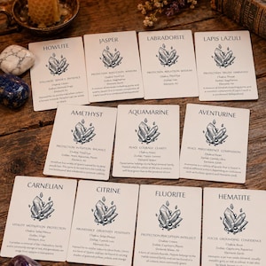 Pode incluir: Um conjunto de dez cart&otilde;es retangulares brancos com ilustra&ccedil;&otilde;es a tinta preta de cristais e textos descritivos para Howlite, Jasper, Labradorite, Lapis Lazuli, Amethyst, Aquamarine, Aventurine, Carnelian, Citrine, Fluorite e Hematite.