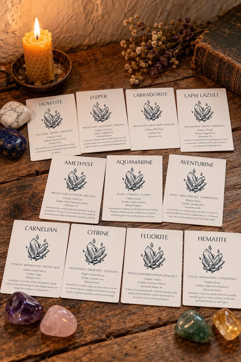 Pode incluir: Um conjunto de dez cart&otilde;es retangulares brancos com ilustra&ccedil;&otilde;es a tinta preta de cristais e textos descritivos para Howlite, Jasper, Labradorite, Lapis Lazuli, Amethyst, Aquamarine, Aventurine, Carnelian, Citrine, Fluorite e Hematite.