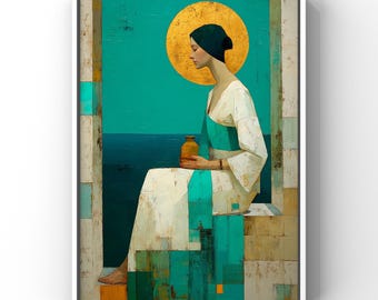 Mary Magdalene Art Print | Symbolic Catholic Wall Art | Modern Sacred Portrait | Oil Jar | Gold Halo | Fine Art Spiritual Decor