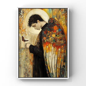 May include: A painting of an angel with large, colourful wings. The angel is wearing a dark robe and has a halo above its head. The angel is looking down at a butterfly with its wings spread open.