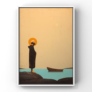 May include: Framed art print depicting a bald figure in a dark robe standing on a rock, with a yellow halo. A small boat floats on the blue water. The background is a light yellow sky with a yellow sun.