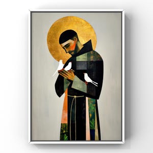 San Francesco d'Assisi / La benedizione degli uccelli / Santo patrono degli animali / Stile icona minimalista / Disco in foglia d'oro / Stampa artistica digitale