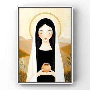 Mary Magdalene | Modern Catholic Saint Print | Gold Halo Spiritual Art | Minimalist Wall Decor | Anointing Oil Clay Ja