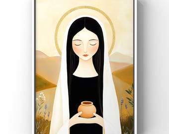 Mary Magdalene | Modern Catholic Saint Print | Gold Halo Spiritual Art | Minimalist Wall Decor | Anointing Oil Clay Ja