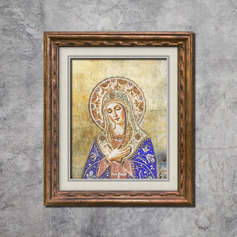 May include: A framed painting of a woman in a blue and gold robe with a crown of flowers. The painting has a vintage, distressed look.
