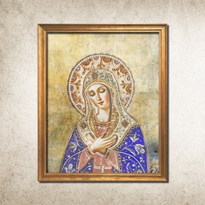 May include: A painting of the Virgin Mary in a blue and gold robe with a crown of flowers. She is holding her hands together in prayer. The background is a textured, gold and white canvas.