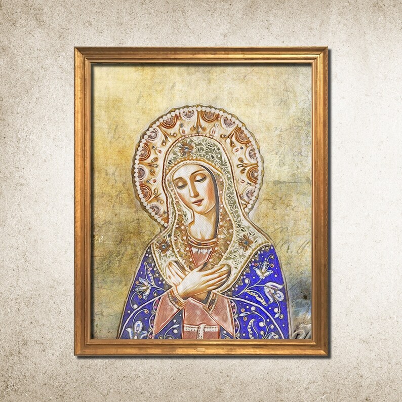May include: A painting of the Virgin Mary in a blue and gold robe with a crown of flowers. She is holding her hands together in prayer. The background is a textured, gold and white canvas.