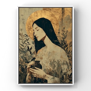 Maria Maddalena / Stampa cattolica artistica / Ritratto con alone dorato / Arte mistica di santi / Simbolismo del barattolo di profumo e delle erbe aromatiche