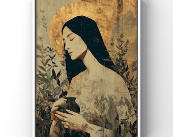 Mary Magdalene | Fine Art Catholic Print | Gold Halo Portrait | Mystic Saint Art | Perfume Jar and Herb Symbolism
