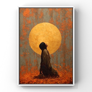 May include: A painting of a person kneeling in a field with their head tilted back, looking up at a large, golden sun. The background is a textured, gray and orange landscape.