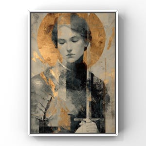 Saint Joan of Arc | Fine Art Catholic Print | Gold Halo Warrior Saint | Modern Christian Portrait | Sword and Armor Icon