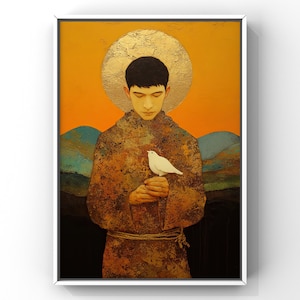 Saint Francis of Assisi | The Bird Blessing | Patron Saint of Animals | Minimalist Icon Style | Gold Leaf Disc | Digital Art Print