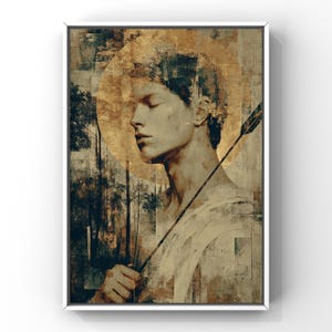 Saint Sebastian | Fine Art Catholic Print | Gold Halo Mixed Media Portrait | Patron of Athletes | Minimalist Sacred Decor