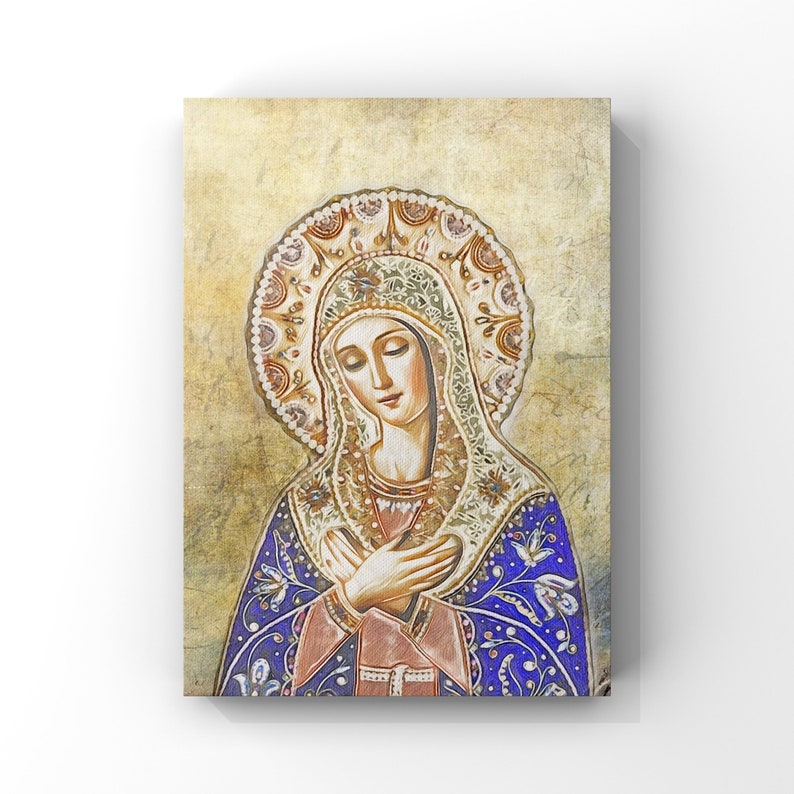 May include: A vintage-style painting of the Virgin Mary, depicted with a blue robe and a gold crown. Her hands are clasped in prayer, and she has a gentle expression on her face.